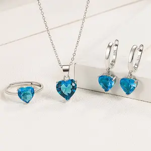 2025 new s925 sterling silver love zircon ear buckle women's luxury ring heart pendant necklace three-piece set