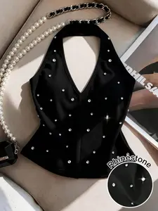 Women's Sparkling Solid Color Knit Vest, Elegant Fashion, Perfect for Evening Dates, Daily Commute Wear, Stylish and Comfortable