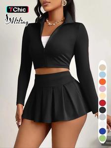 aliling women's solid zip up long sleeve crop jacket & high waist skirt two-piece set, casual fashion cozy two piece outfits for daily outdoor wear, women clothes for spring fall, womenswear, matching outfits