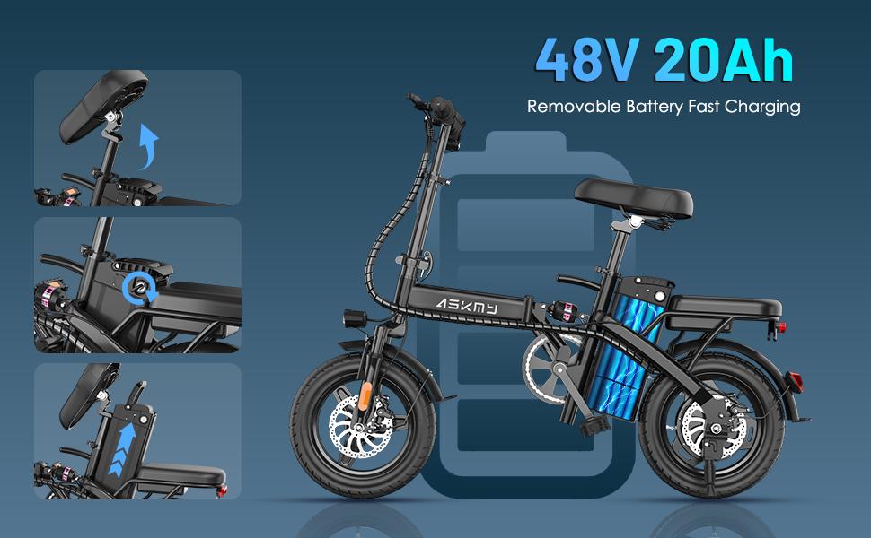 ASKMY E14 Compact Folding Electric Bike, 1000W Powerful Motor, 45 Mile Long Range | 14" Tubeless Fat Tires, Dual Disc Braking System | UL Certified Battery, Lightweight Urban Commuter E-Bike