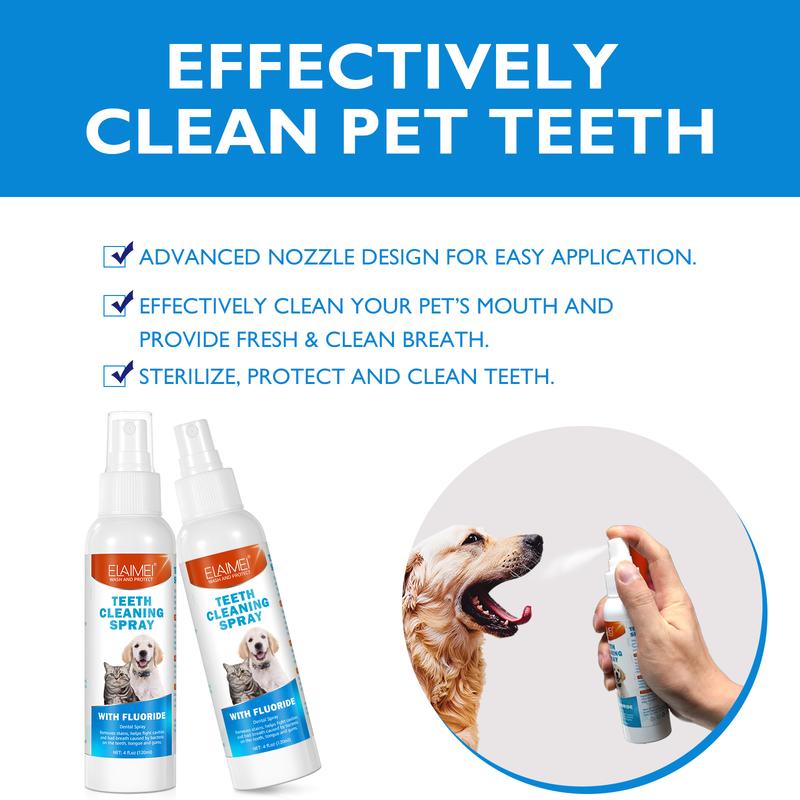 Elaimei Pet Teeth Cleaning Spray, Dog Breath Freshener, Soothing Bad Breath Caused by Plaque and Red Gums for Dogs & Cats, Dog Mouthwash Without Brush Fights Tartar - 4 Fl Oz / 120ml
