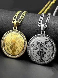 1921 Mexican 50 Pesos Coins Crystals Pendant Jewel Necklace for Men Women Stainless Steel Gold Color Winged Victory Chain Gift