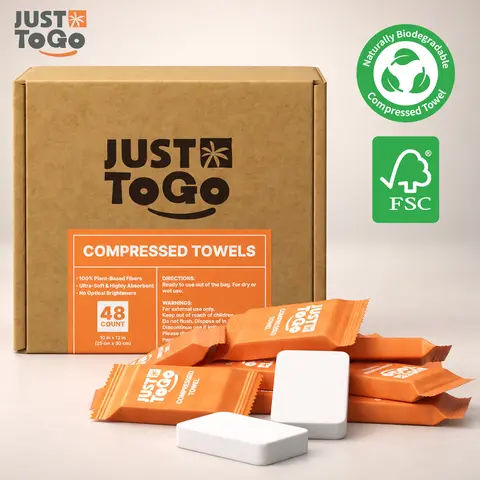 Just To Go Plant-Based Compressed Towel - 48/96 Count Single-Use Towelette, 10x12 in Portable Super Absorbent Towel for Travel, Camping, Face Wash, Home & Bathroom Supplies