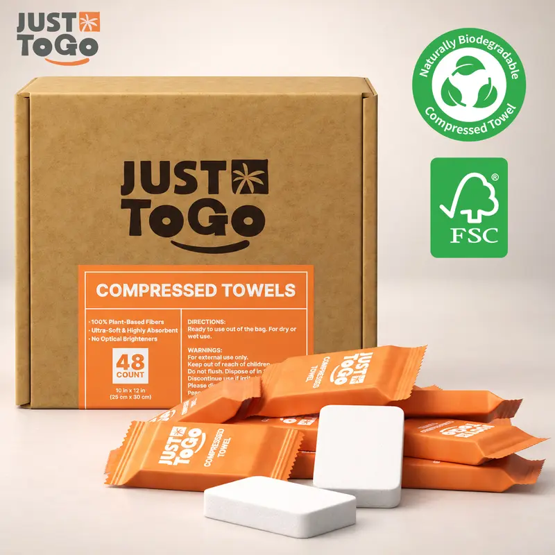 Just To Go Plant-Based Compressed Towel - 48/96 Count Single-Use Towelette, 10x12 in Portable Super Absorbent Towel for Travel, Camping, Face Wash, Home & Bathroom Supplies