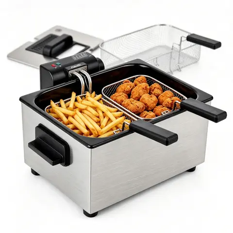 SUSTEAS Chrome Electric Deep Fryer with 3 Nonstick Baskets, 4.8 QT Oil Capacity, Cool Touch Sides, 1800W Immersed Heating Element, Adjustable Temperature (265°F to 375°F) with Absolute Control, Easy to Clean Fryer Fries Maker for Home Use,familyfun