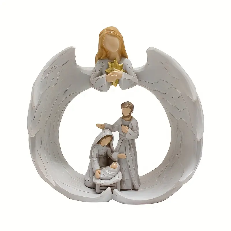 A nativity, holy family and angel statues, elegant white resin religious statues, intricate interior sculptures, perfect holiday decoration