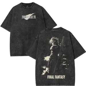 Final Fantasy VII Vintage Washed Tee Unisex Heavyweight Cotton T-shirt for Game Fans, Graphic Tees shirts men Fabric Menswear Tshirt unisex cotton streetwear Tops Black