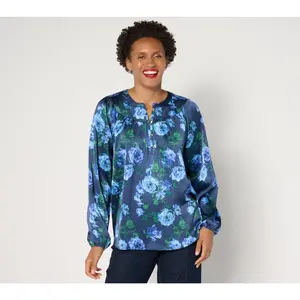 Isaac Mizrahi Live! Printed Stretch Hammered Satin Blouse