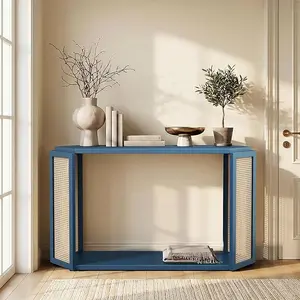 OMCHOM Hallway Table, 53.6" Narrow Farmhouse Console Table with Woven Rattan Shelf & 2-Tier Storage for Entryway, Living Room, Sofa