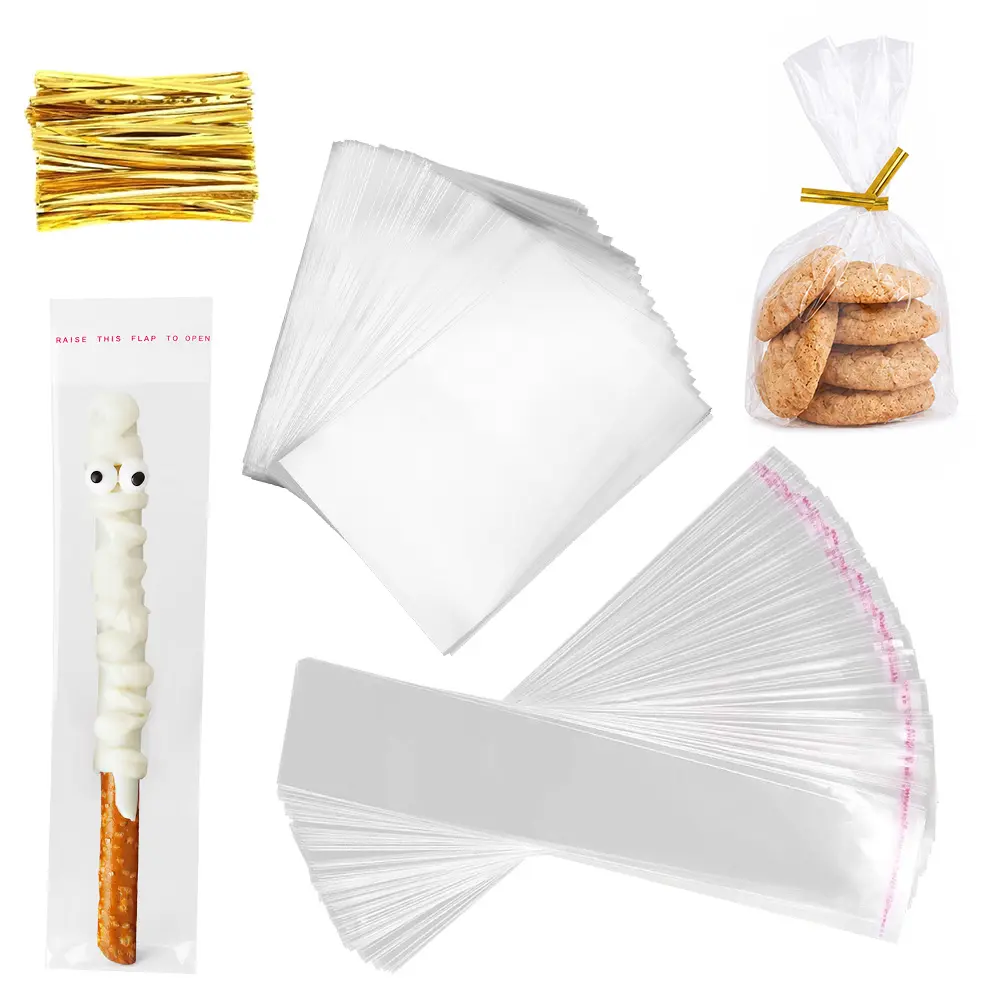400 Packs Cellophane Treat Bags Set with 500Pcs Ties for Rice Krispies Pretzel Candies Dessert, Cookie Bags with Sealable Pretzel Rod Bag for Birthday and Party Decorations