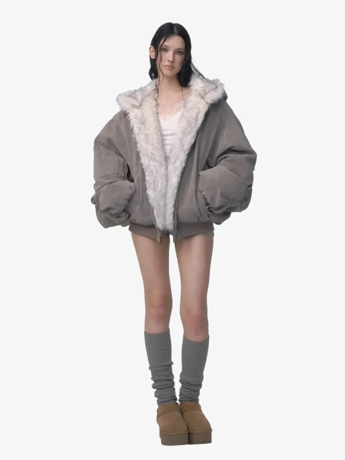 Supermade Women's Oversized Reversible Faux Fur Hooded Coat, Long Sleeve Casual Tops with Ribbed Cuffs, Drape Winter Streetwear Outerwear Supermade Women's Oversized Reversible Faux Fur Hooded Coat, Long Sleeve Casual Tops with Ribbed Cuffs, Drape Winter Streetwear Outerwear
