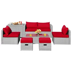 Spaco Light Gray 8-Piece Rattan Outdoor Sofa Set with Loveseat, Armless Chair, 2 Wicker Ottomans, Tempered Glass Table & Storage Box – Patio Sectional Set for Garden, Porch, Outdoor Sofa Sets
