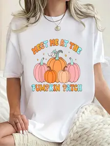 100% Cotton Meet Me At The Pumpkin Patch Fall Pumpkin Patch Thanksgiving T-Shirt Print Round Neck Short Sleeve Streetwear Fashion Breathable Homme Soft Unisex Designer Clothes For Women Casual Clothes