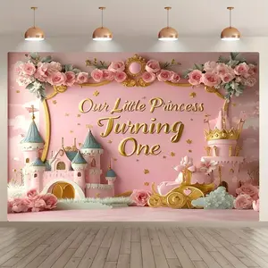 Princess Birthday Party Background Banner, Castle & Floral Pattern Birthday Party Decoration, Wall Decoration, Photography Background, Ornaments