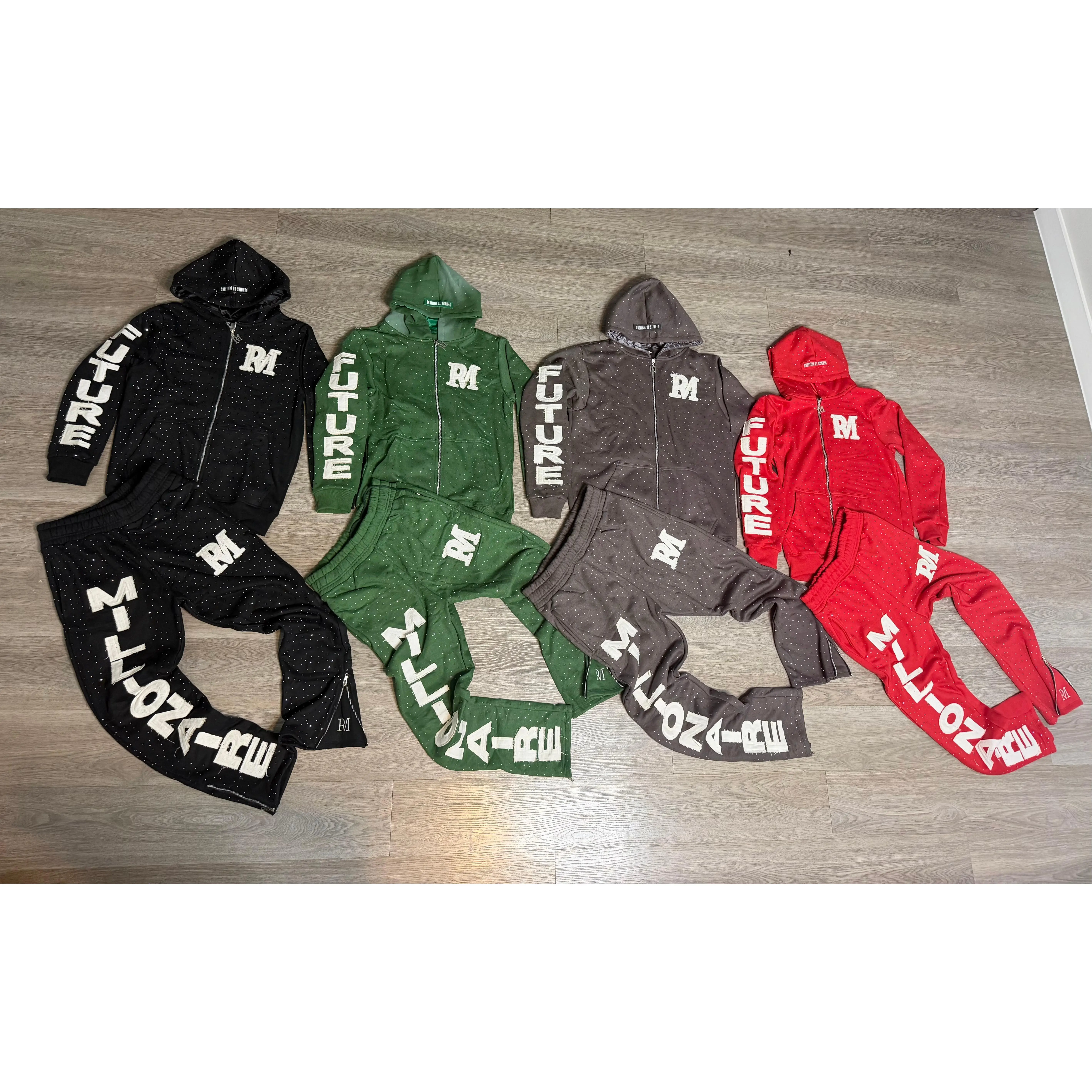 Future Millionaire Set - Premium Quality with Rhinestones All Over Silk In Hoodie Mind Of A Hustler on Back of Jacket & Leg Regular or Stack Zipper Option