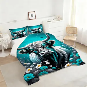 2/3Pcs Vibrant Highland Cow Comforter Set, Stunning Digital Print Bedding Set with Floral Accents, Soft Quilted Comforter, Ideal for a Whimsical Bedroom Makeover or Cozy Dorm Room Decor, 1 or 2 Pillowcase No Pillow Core