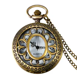 OIDEA Sunflower Hollow Pocket Watch, Vintage 12/24H Dual Scale Quartz Sweater Chain Watch, Antique Bronze Alloy, Unisex Gift