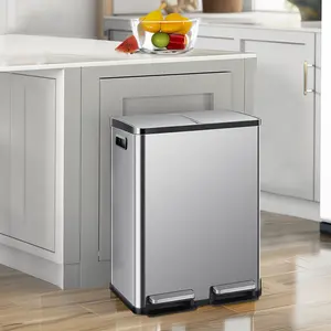 Stainless Steel Dual Compartment Trash Can | 2x8 Gal Capacity, Whisper-Quiet Lid & Hands-Free Pedal – Fingerprint-Resistant Finish, Ergonomic Handle – Space-Saving for Kitchen/Office (60L)