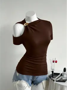 New Elegant High-Value Women's Asymmetrical Shoulder T-Shirt, Y2K Style, Fitted Plain Design, Moderate Fabric, All Seasons Wear