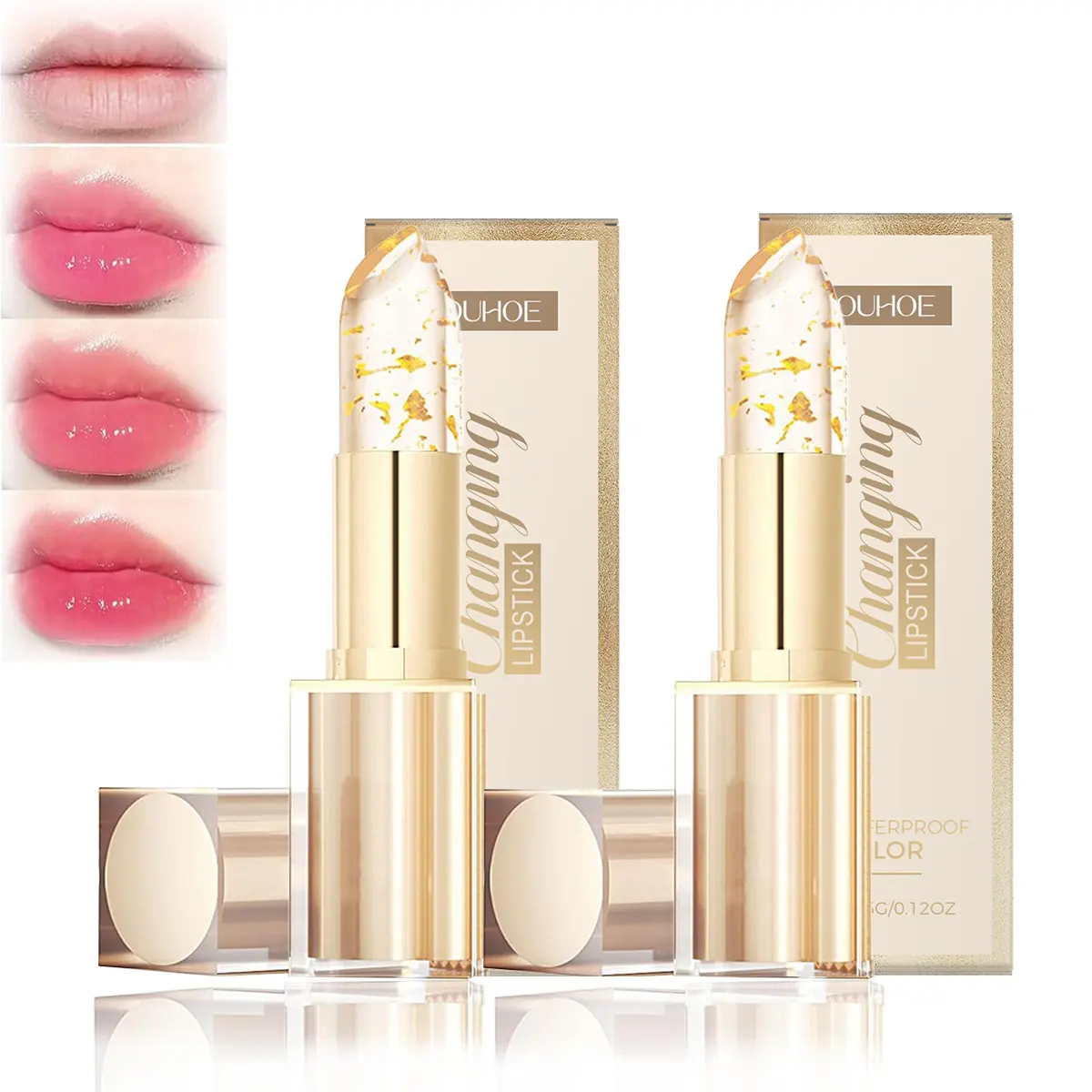 OUHOE Transferproof Color Changing Lipstick,Gold Crystal Ph Lipstick Color Changing,Long Lasting 24 Hours Moisturizing Glossy Shine Lip Gloss for Women