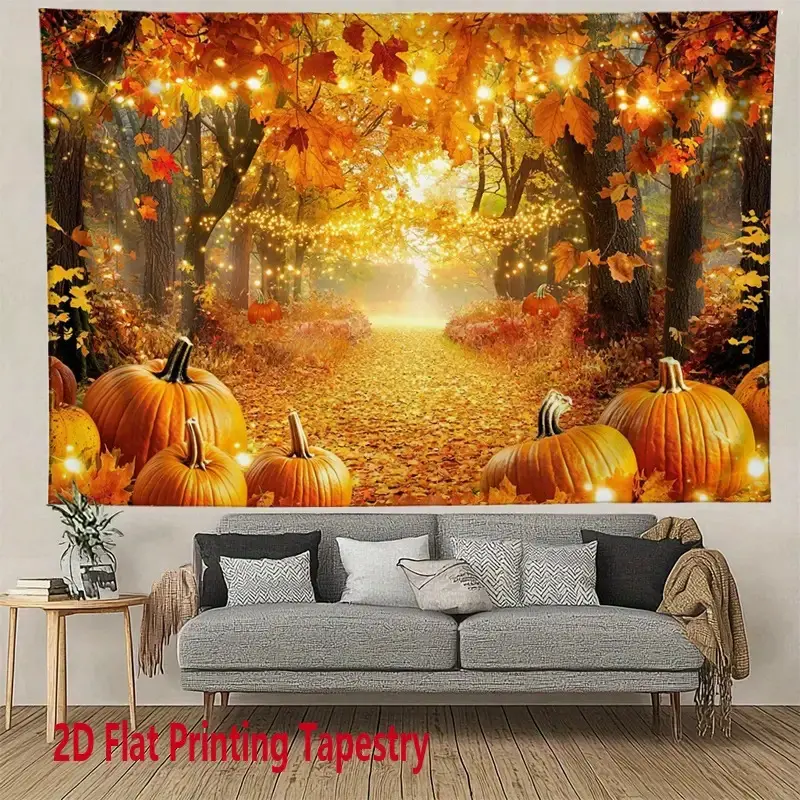 1 Piece Large Autumn Pumpkin Path Tapestry - Golden Pumpkins, Orange Leaves, and Sunshine Forest Path Harvest Decoration - High-grade Polyester Fiber Wall Hanging, Suitable for Living Room, Bedroom, Thanksgiving Party Decoration - Easy to Hang Without Ele