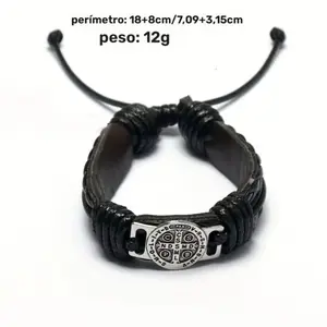 Retro Handmade Leather Bracelet for Men with Adjustable Cord - Synthetic Leather, Includes St. Benedict Medal, Stylish and Durable