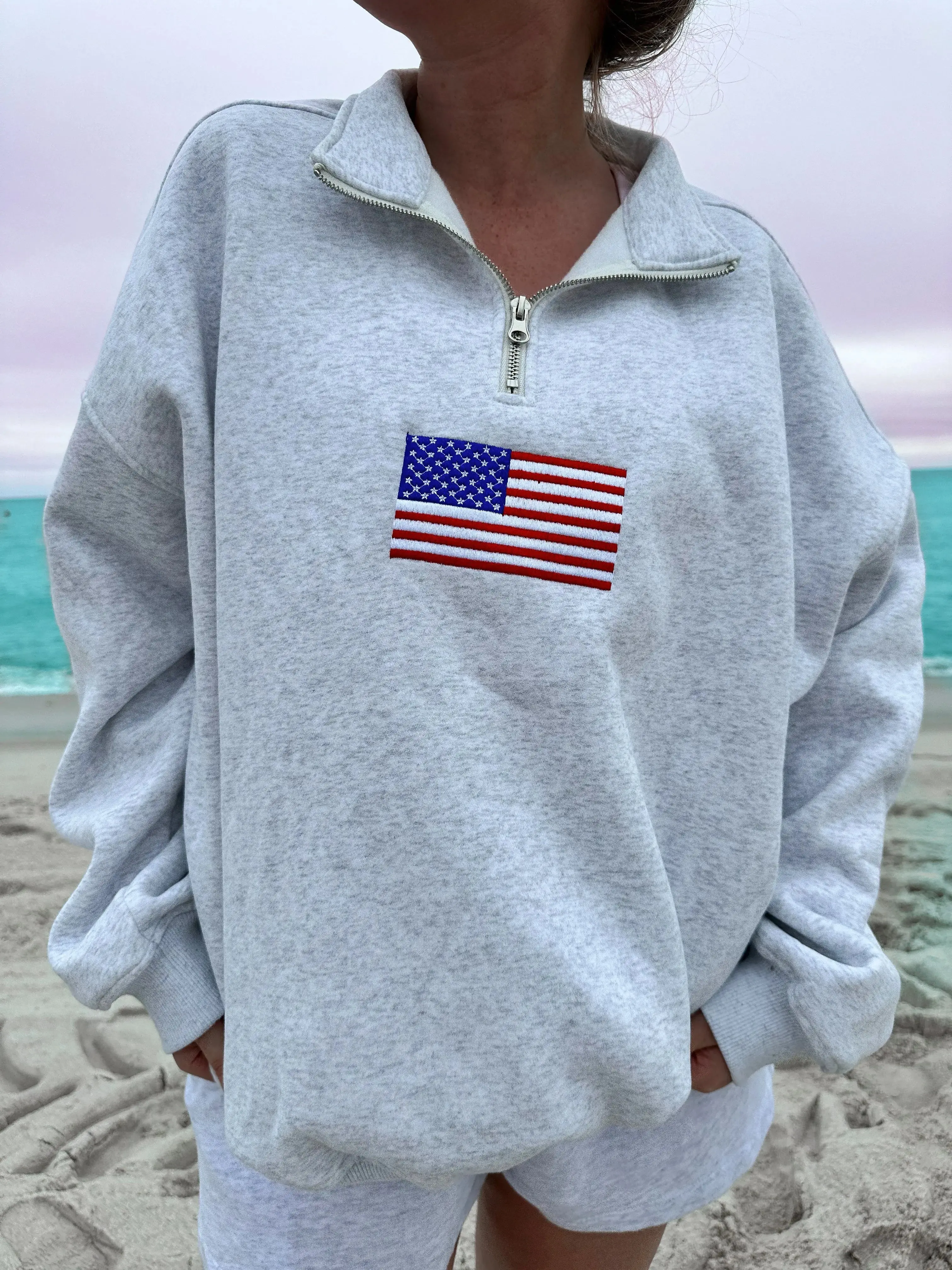 Pearl Grey Vintage American Flag Quarter-Zip Sweatshirt
