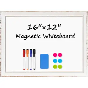 Whiteboard, 16"x12" Dry Erase Board for Wall with White Distressed Frame, Hand-Finished  Decorative White Board for Office,  & Classroom with Markers, , Eraser