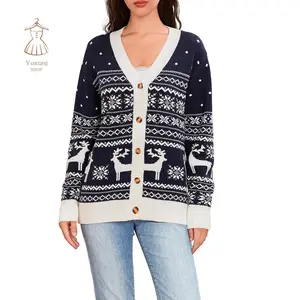 Women's Button Down Knit Cardigan Reindeer Snowflake Print Long Sleeve V-Neck Sweater Christmas Clothes