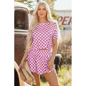 Karzza Pink Checkerboard T Shirt and High Waist Skorts 2 Piece Outfit