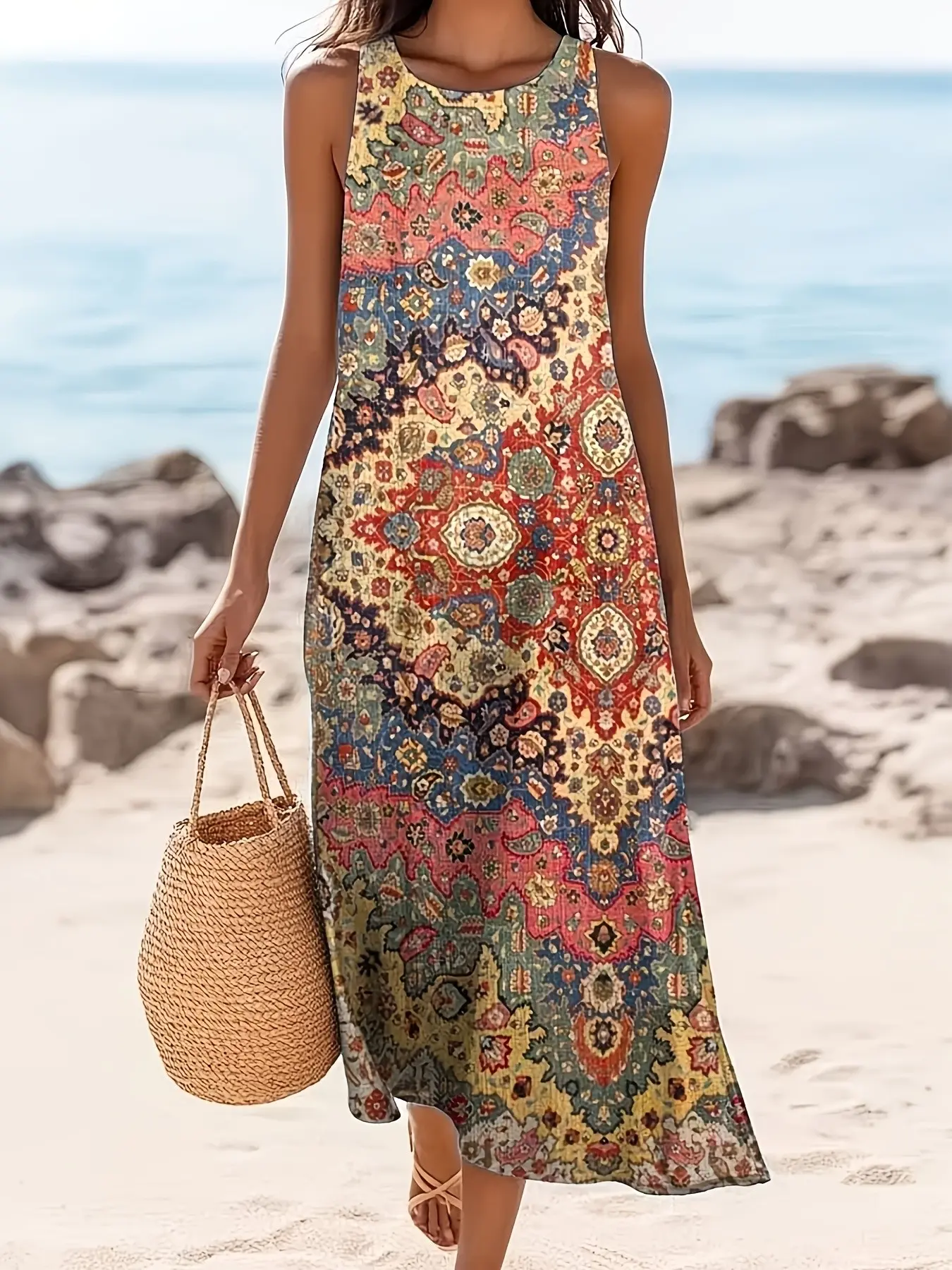 Boho Persian Print Sleeveless Maxi Dress Plus Size Casual Round Neck Loose Fit, Boho Fashion Dress, Bohemian Womenswear, Y2K Clothes Summer Vacation Outfits, Vibrant Pattern Beach Wear, Boho Sundresses