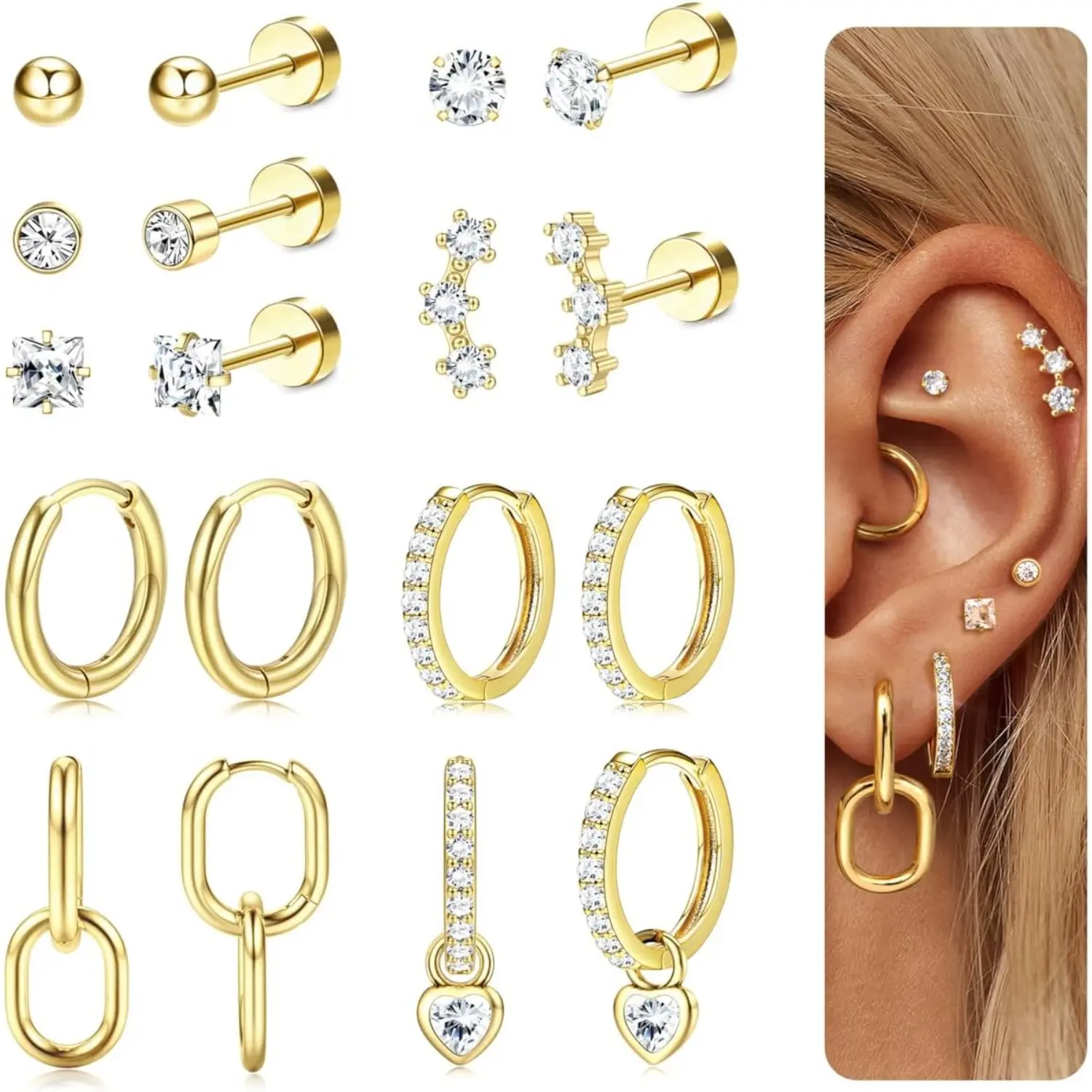 Milacolato Hypoallergenic Cubic Zirconia Screw Back Flat Back Stud Earring Jewelry, Surgical Steel for Sensitive Ears, Daily Wear Stackable Sets