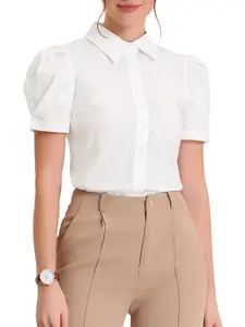 INSPIRE CHIC Puff Short Sleeve Turn Down Collared Button Down Shirt Top