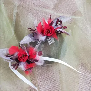 Preserved Rose Corsage, Hair Comb,  Boho Dried Flower Corsage, Red Rose, Wrist Corsage, Wedding Prom Wristlet