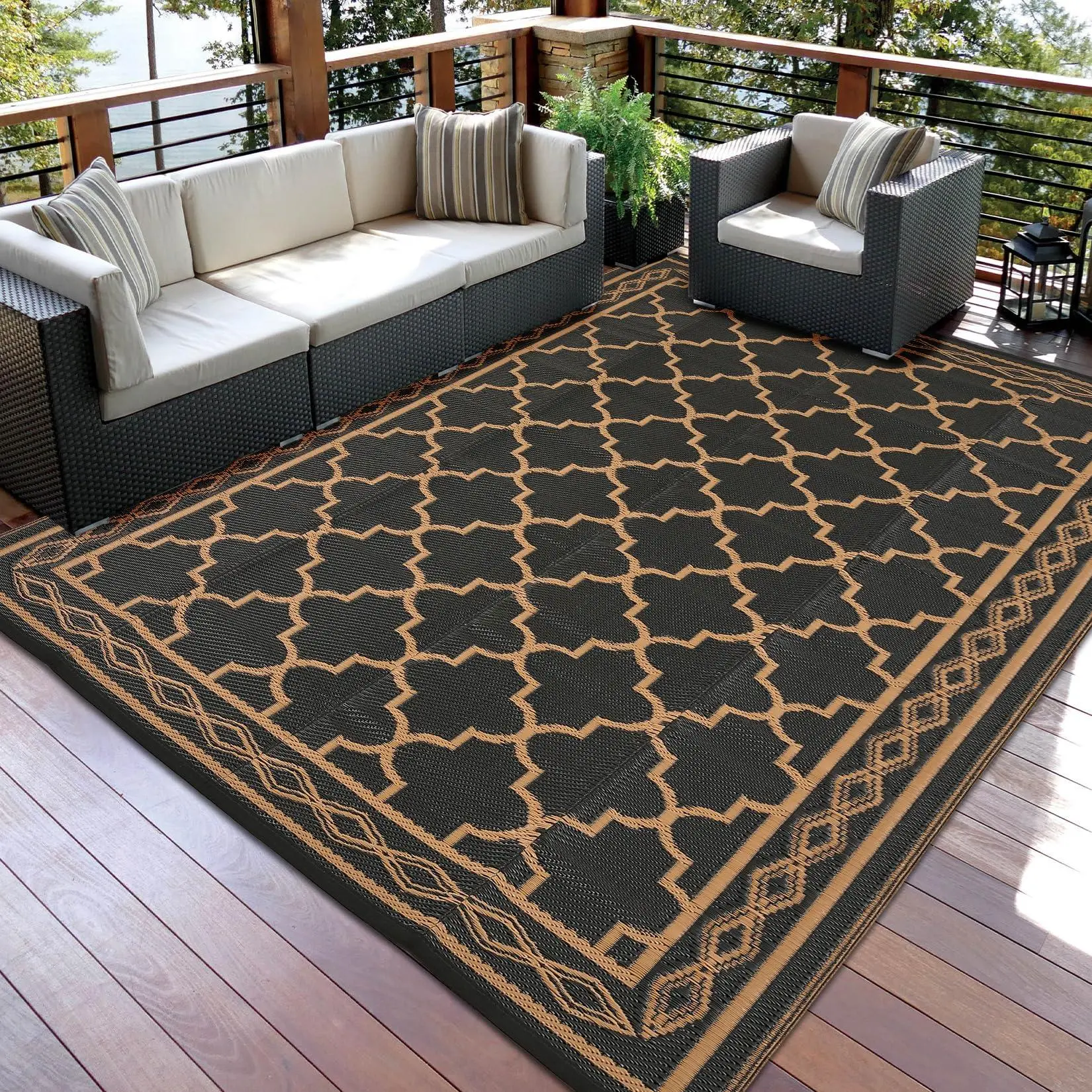 GARVEE 10x20 Outdoor Patio Rug, Large Waterproof Reversible Carpet for Deck Backyard Balcony, Plastic Straw RV Camping Mat Easy Clean,Black/Brown