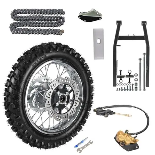 80/100-12 Dirt Bike Tire and Wheel Rim & Hydraulic Disc Brake Caliper & 420 140 Links Chain & Rear Wheel Swing Arm & Chain Guard for Dirt Bike Pit Bike CRF SSR 70cc Coolster 90cc 110cc 125cc KX65