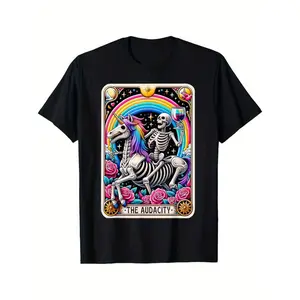 100% Cotton The Audacity Funny Tarot Card Sarcastic Skeleton T-Shirt Selected pure cotton interesting design DIY short sleeve t-shirt for men, soft and breathable