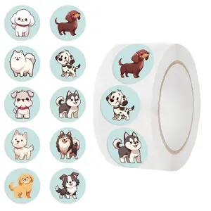 Cartoon Dog Pattern Sticker (500pcs/roll), Cute Decorative Sticker, Round Label, Waterproof Self Adhesive Decor Paper for Gift Greeting Card & Water Bottle & Laptop, Circle Sticker Label