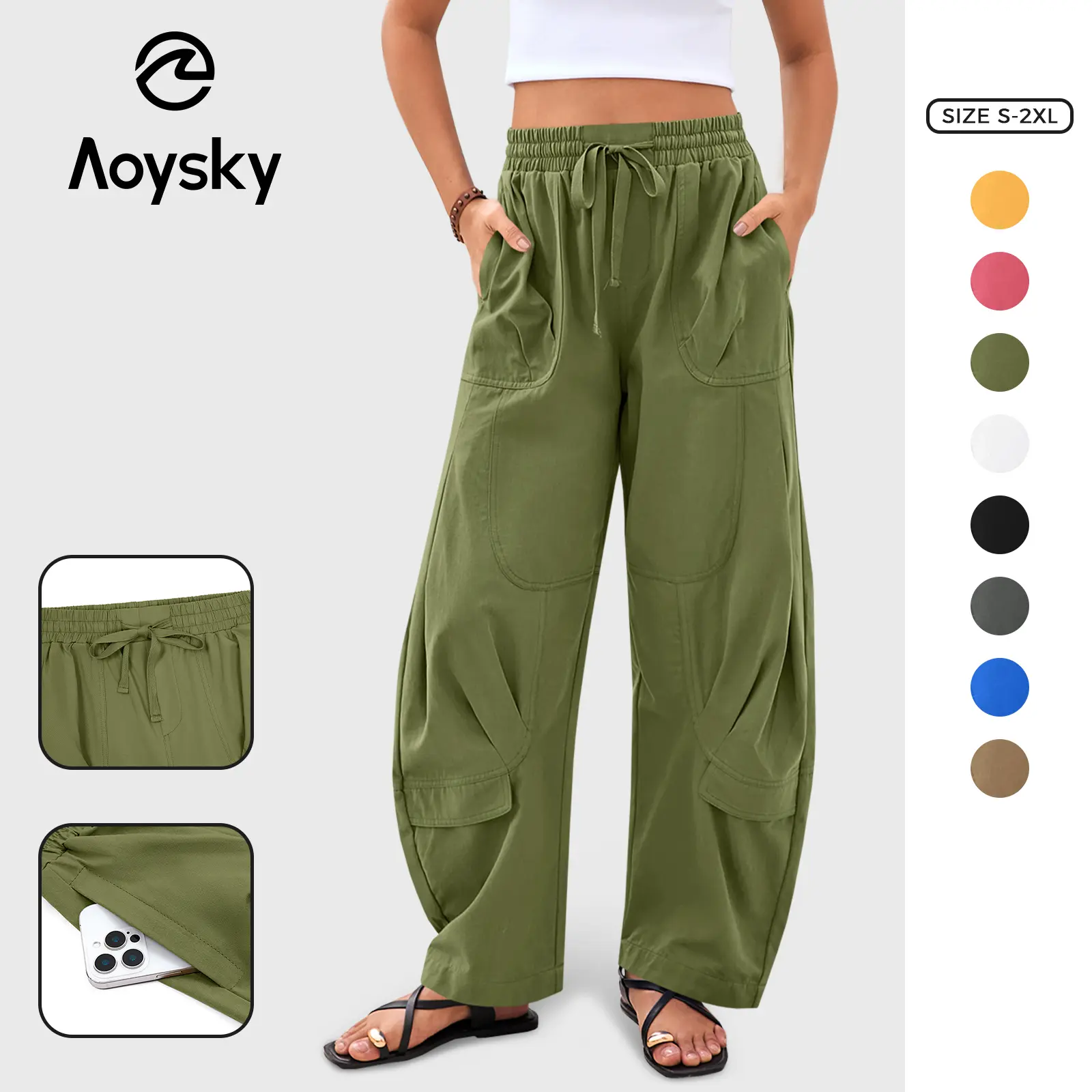 Aoysky Women's Casual Minimalist High-Waisted Loose Wide-Leg Pants with Adjustable Drawstring Waist and Pockets, Lady, Do Not Dry Clean,back to school shopping