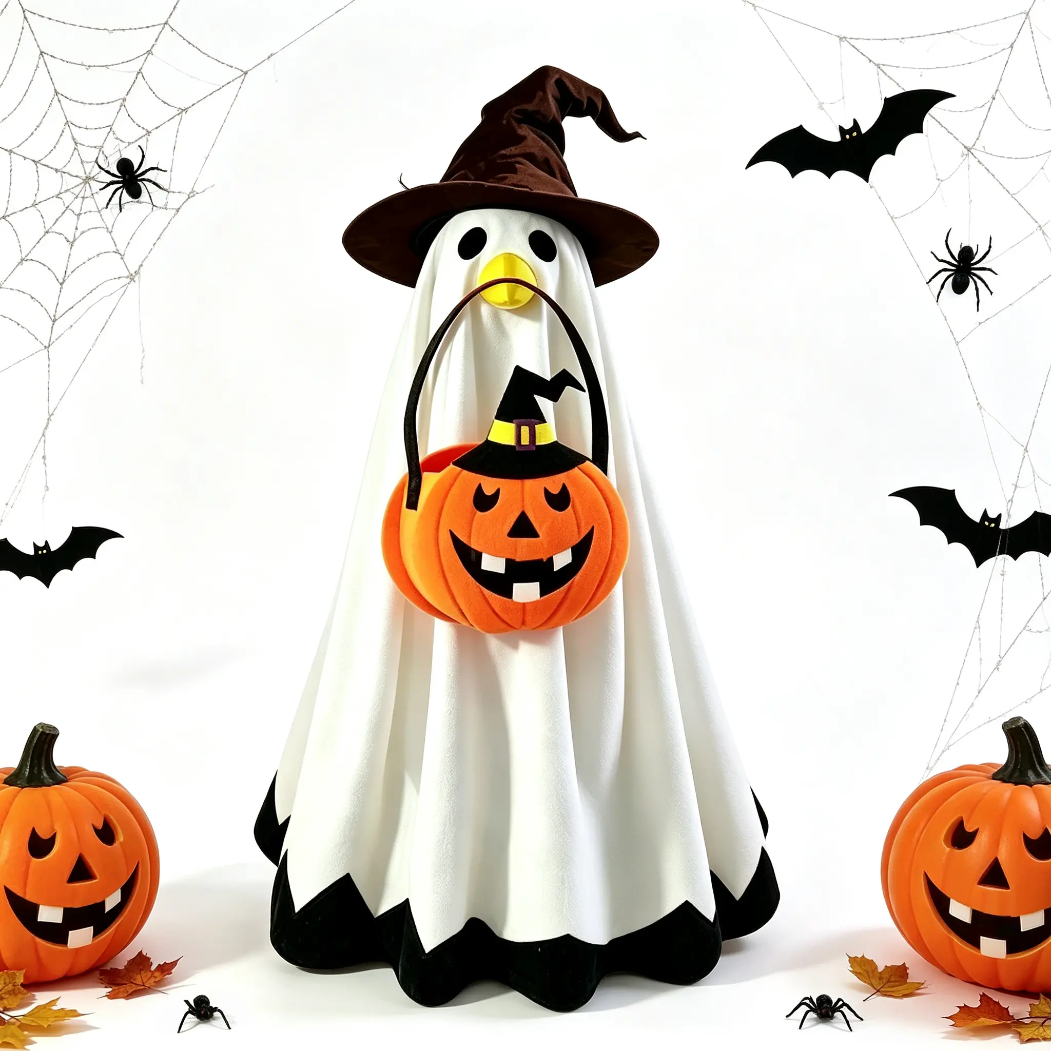 23 In Polyester Ghost Duck Statue, Halloween Ornament with Witch Hat & Pumpkin Treat Bucket, Yard-Lawn Porch Tabletop Home Party Decor, Spooky Theme