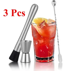 3 Pcs Muddler for Cocktails, 10'' Cocktail Muddler for Cocktails with Cocktail Spoon Long Handle and Jigger 0.5/1 OZ, Bar Accessories Tools for Mojitos Fruit Drinks