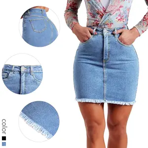 Stylish High - Waisted Light Blue Denim Mini Skirt for Women - Frayed Hem