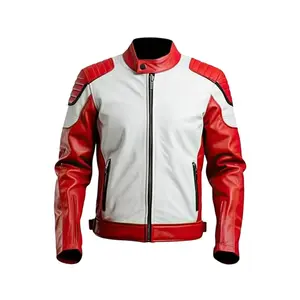 Motorcycle Racing Jacket, Red and White, Leather, Padded Shoulders, Full Zip Front by Hide Crafts