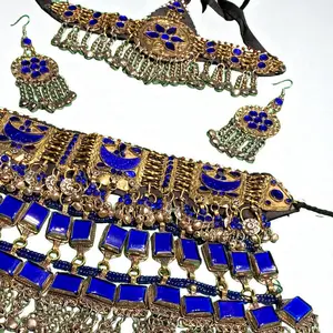 Afghan Kuchi Jewellery Set - Blue Crystal Matha Patti, Earrings & Necklace for Youth - Handmade with Traditional Afghan Detailing - Perfect for Mehndi, Bridal, Festival, and Cultural Events