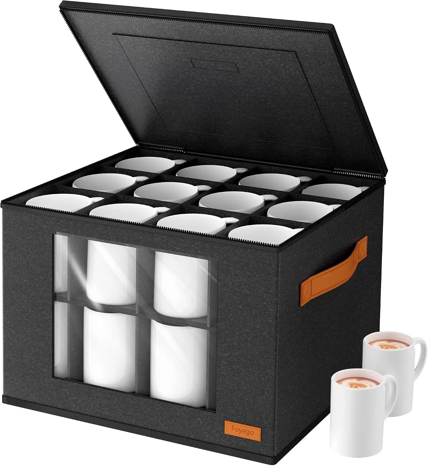 2-Layer Coffee Mug Storage Box with Dividers, Coffee Cup Storage Organizer with Zipper Lid and Handles, Stackable Organizer for 24 Coffee Mugs Cups Glasses, Dark Grey