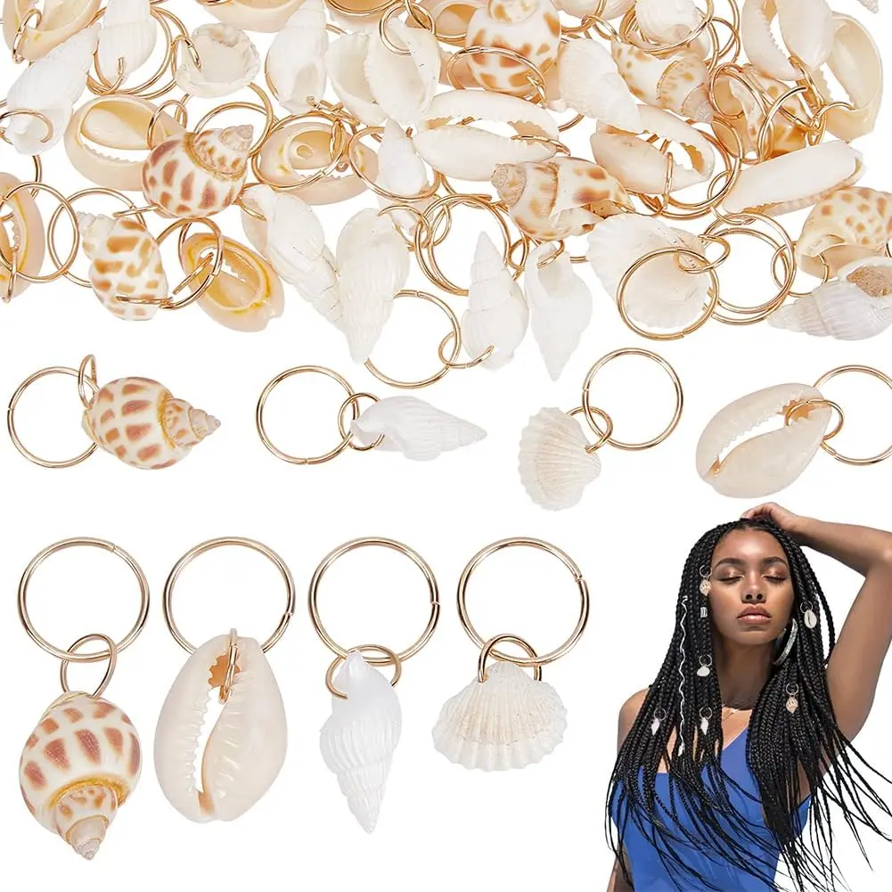 60 count Seashell Conch Dreadlock Rings Charms,  Hair Braiding Decor, Summer Beach Style Braided Hair Ornaments Decorative Dreadlock Hair Clips Charm for Women Men Dreadlock Accessories