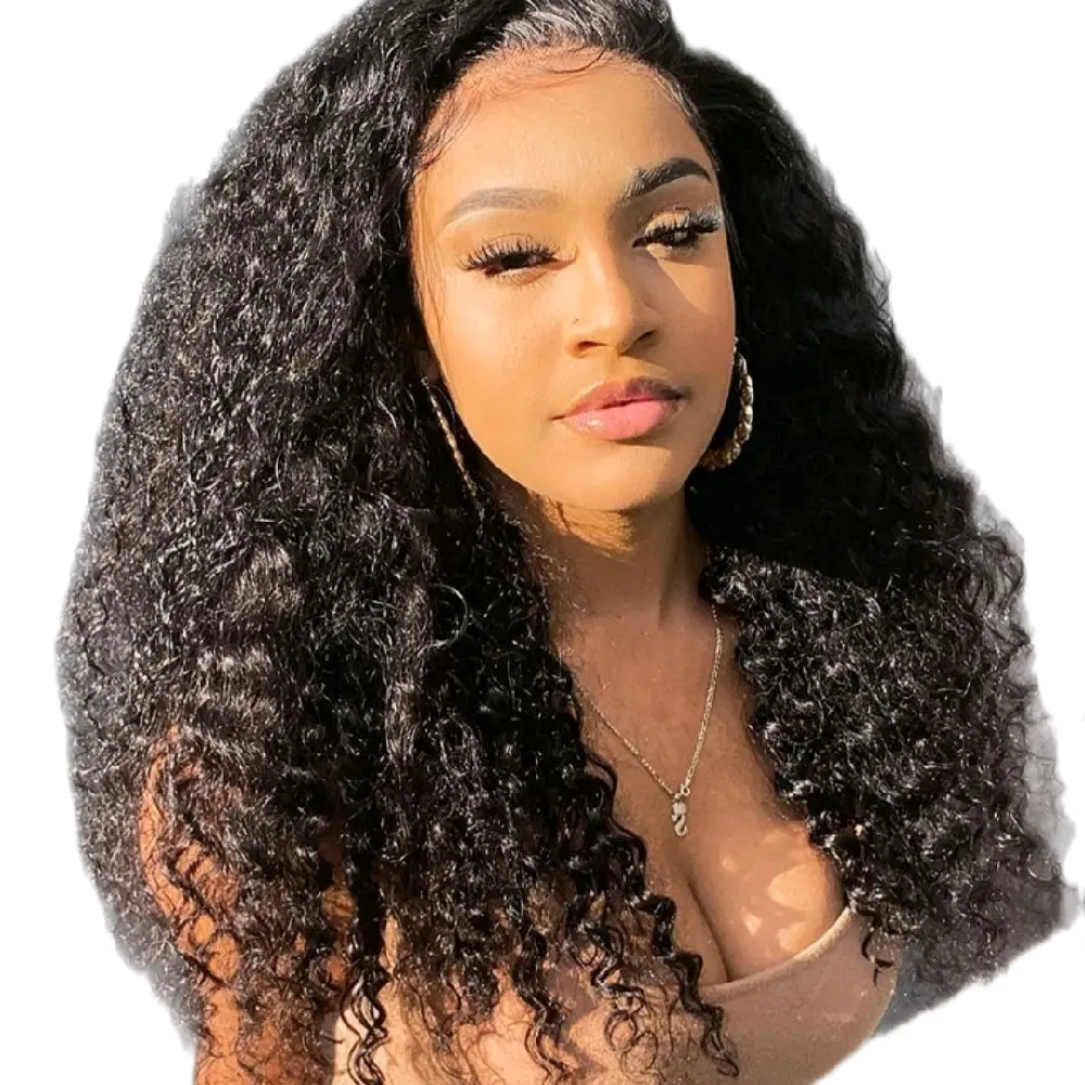 CurlyMe Kinky Curly 13x4 HD Lace Front Hair Wigs Pre-plucked Natural Black 180% Density Medium Cap Size 24 Inch Lace Frontal Wig