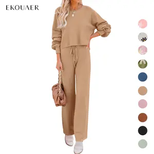 Ekouaer Women's Soft and Comfortable Knitted Long Sleeve Round Neck Top and Pocket Wide Leg Pants Res Loungewear t Home Clothes 2-piece Set,Outfits for Daily, Downtown Girl Clothes. Christmas 2025 Trend, Fall & Winter Womenswear Casual