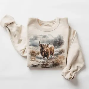 Retro Highland Cow Sweatshirt 90s Vintage Scottish Cows In Nature Scene Pullover Cotton Womenswear Day