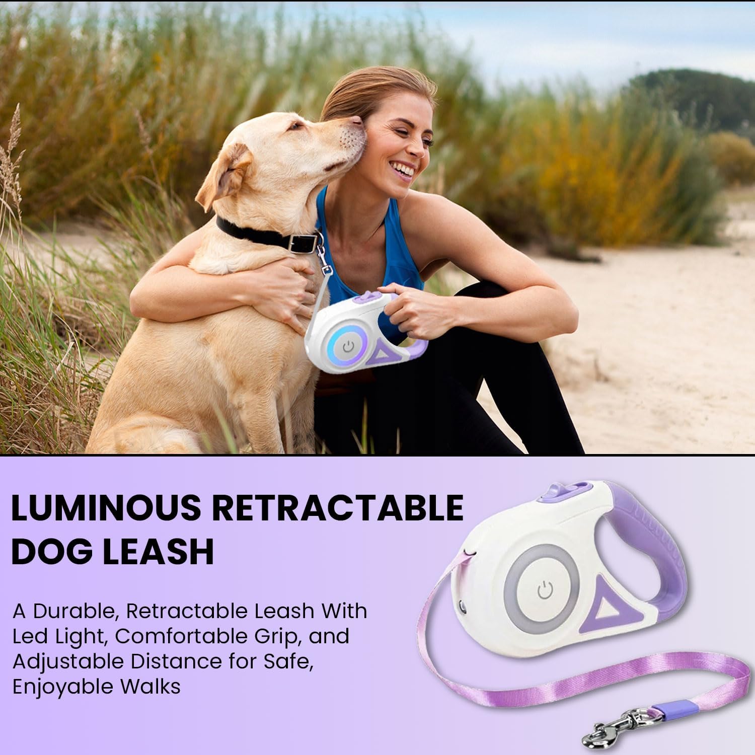 Pawzseek LED Retractable Safety Dog Leash, Automatic Extendable Leash for Small to Medium Dogs Up to 110 Lbs, Safety Leash